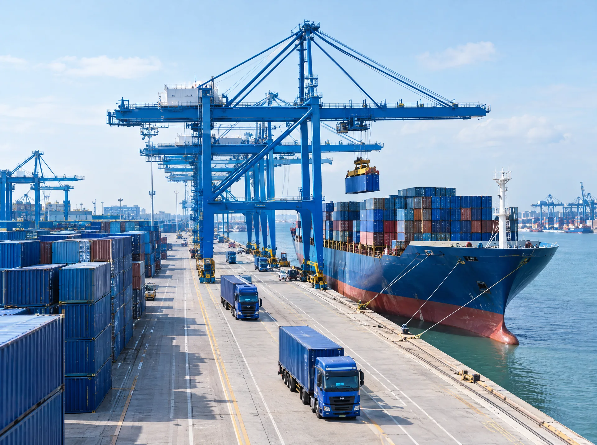 Container ship being loaded at a port with trucks on the quay