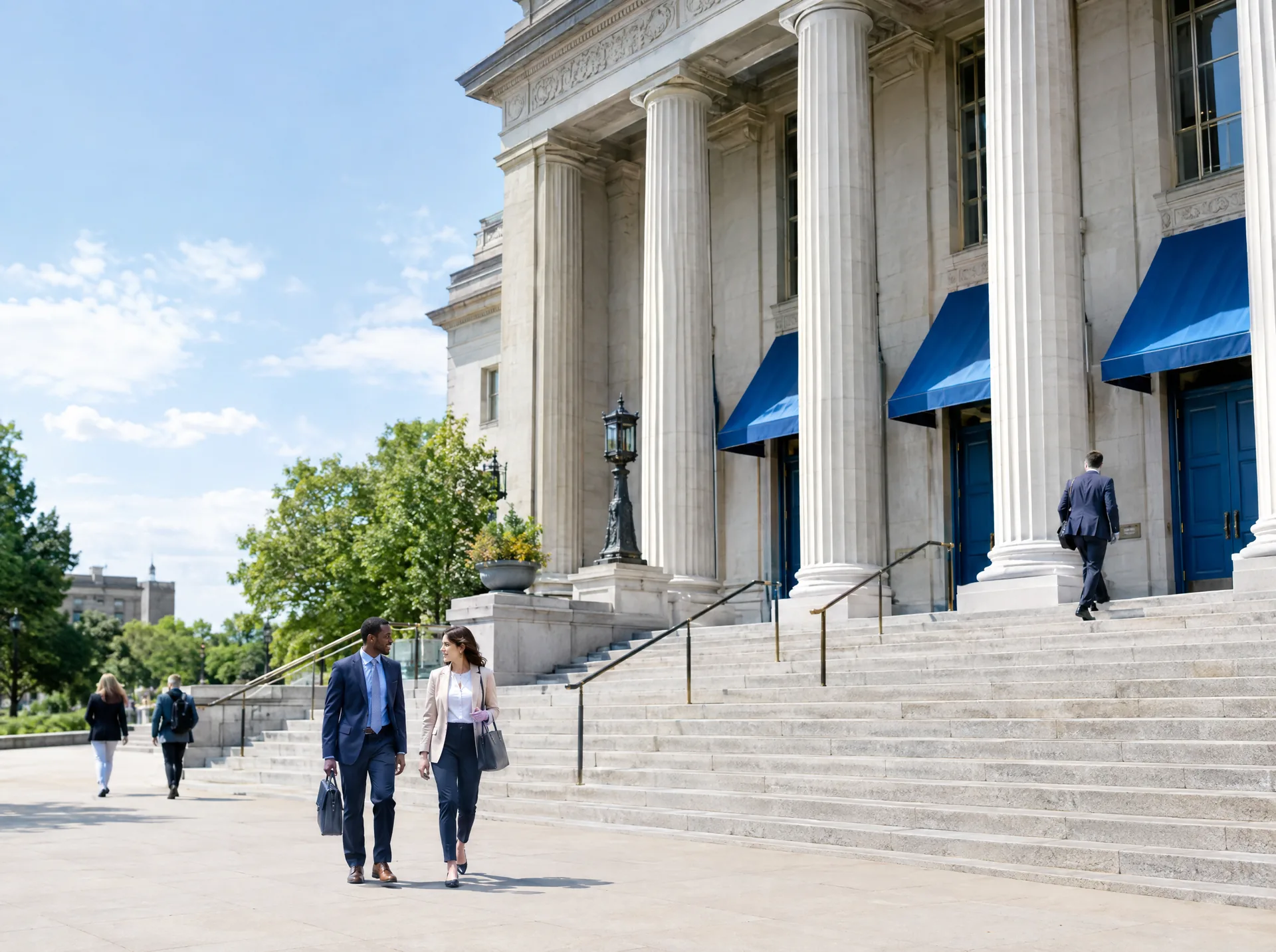 People walking up the steps of a government building