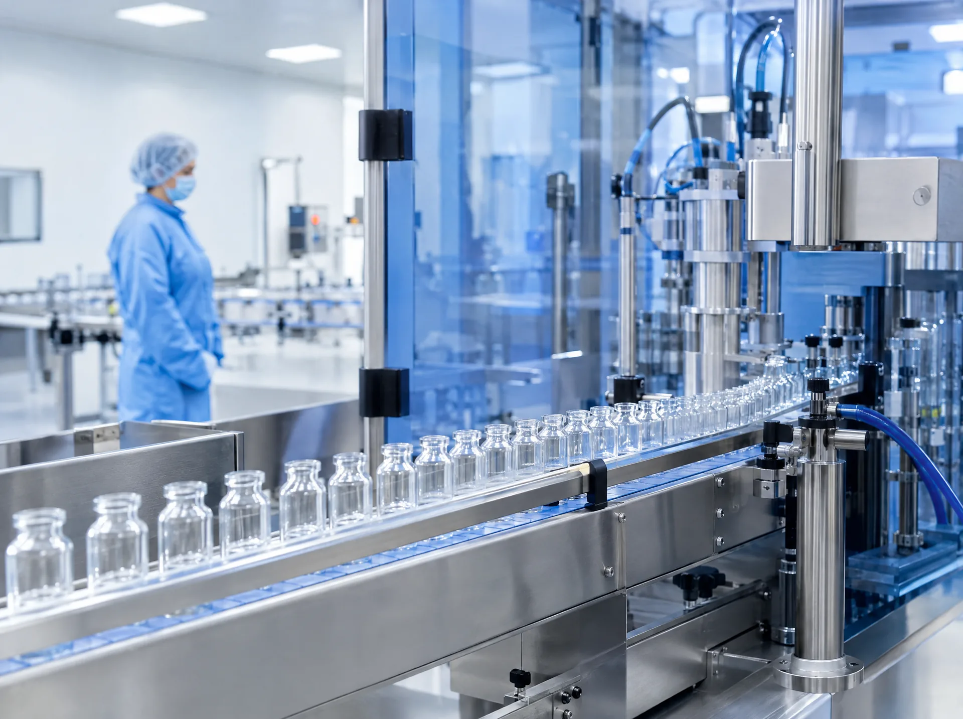 Vials moving through an automated pharmaceutical filling line