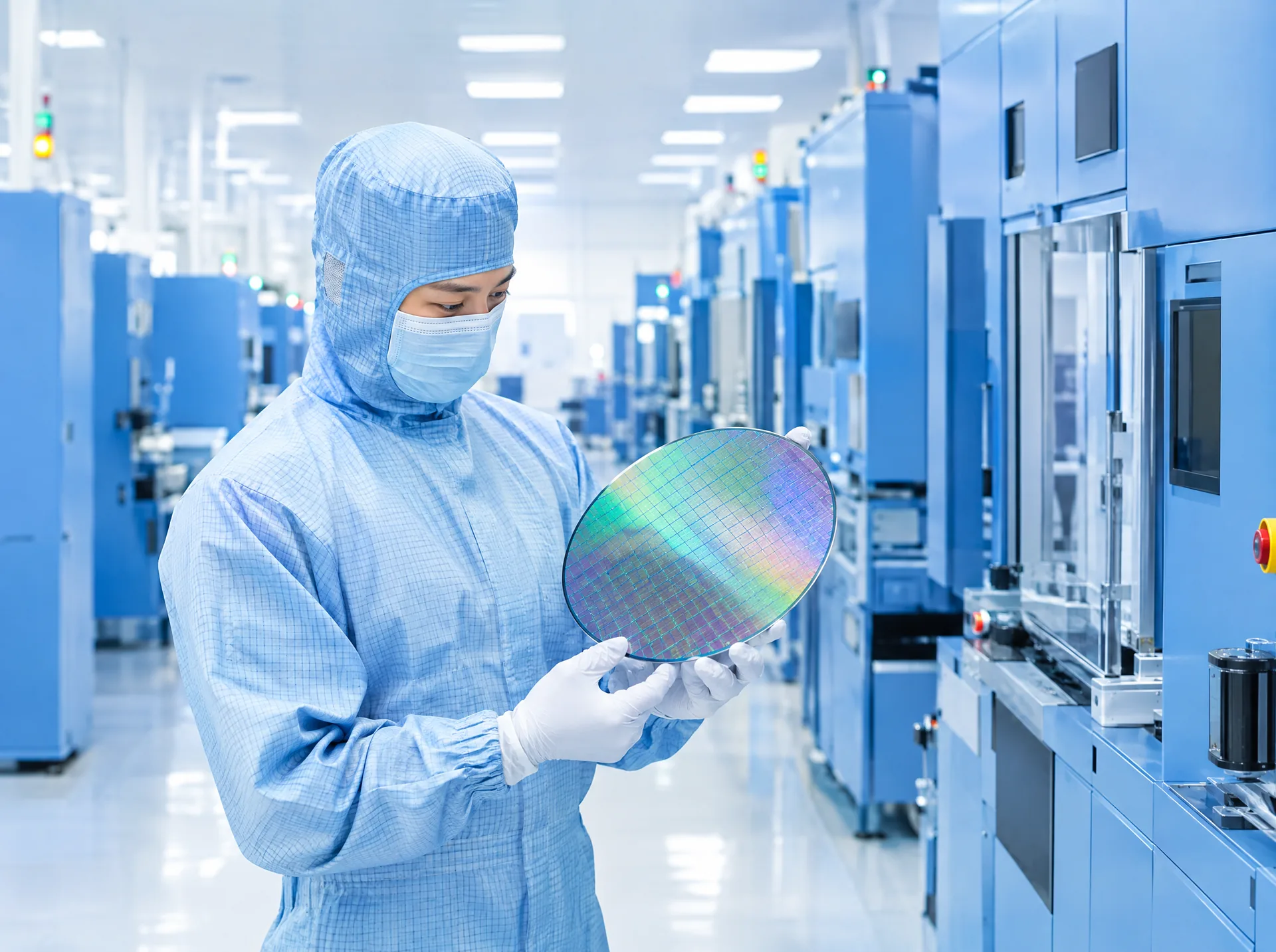 Technician in a cleanroom inspecting a silicon wafer