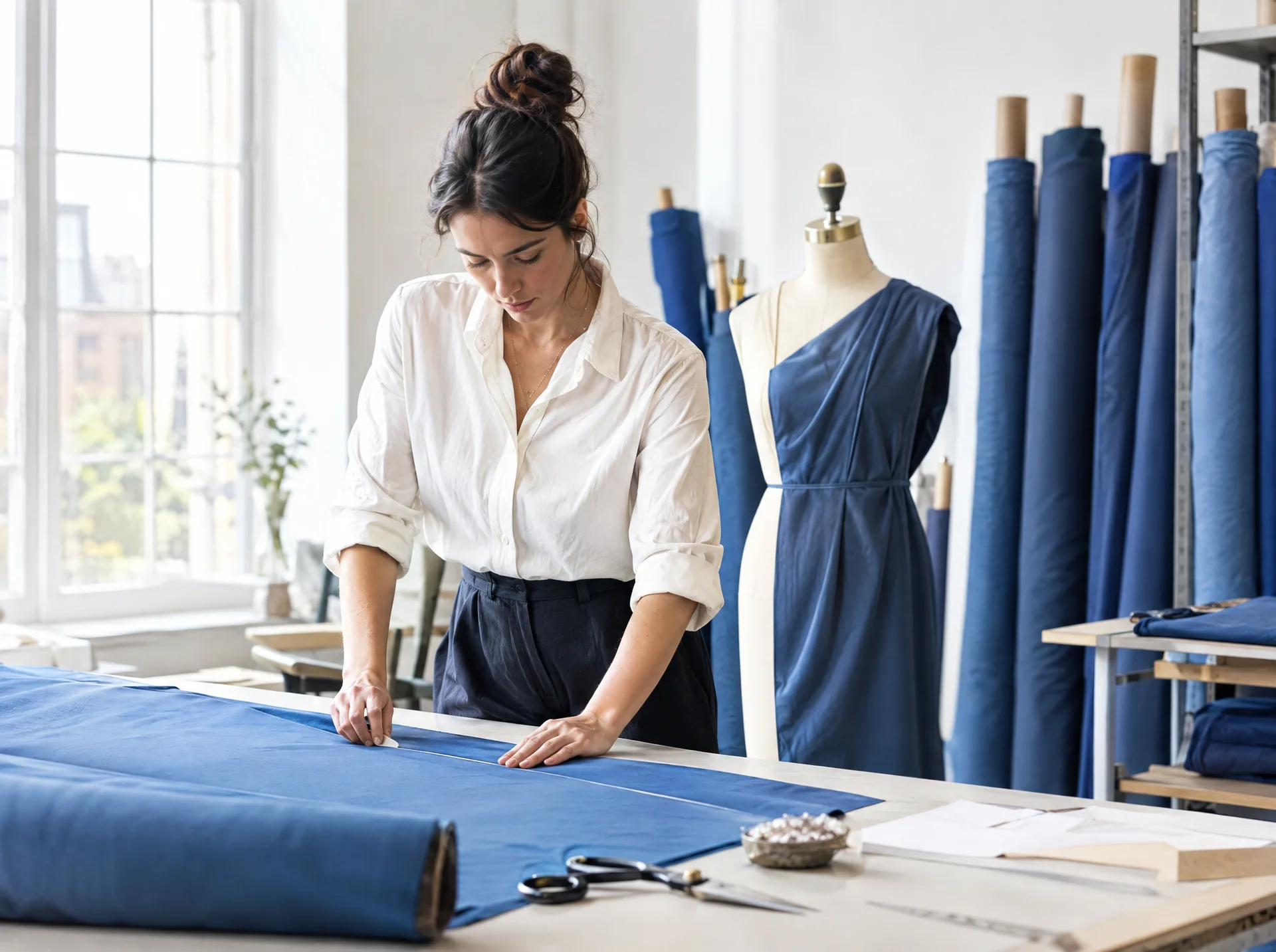 Designer cutting fabric beside a dress form in an atelier