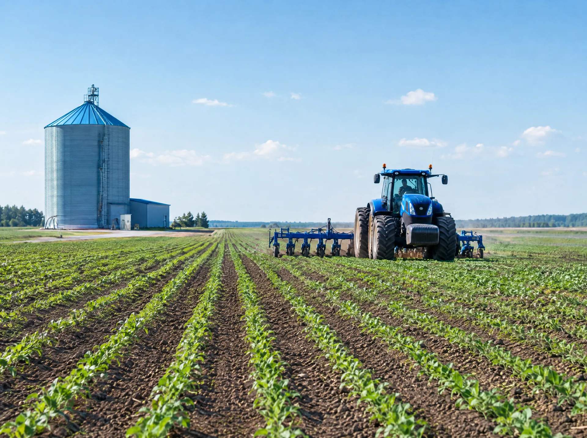 Tractor working rows of crops beside a grain silo