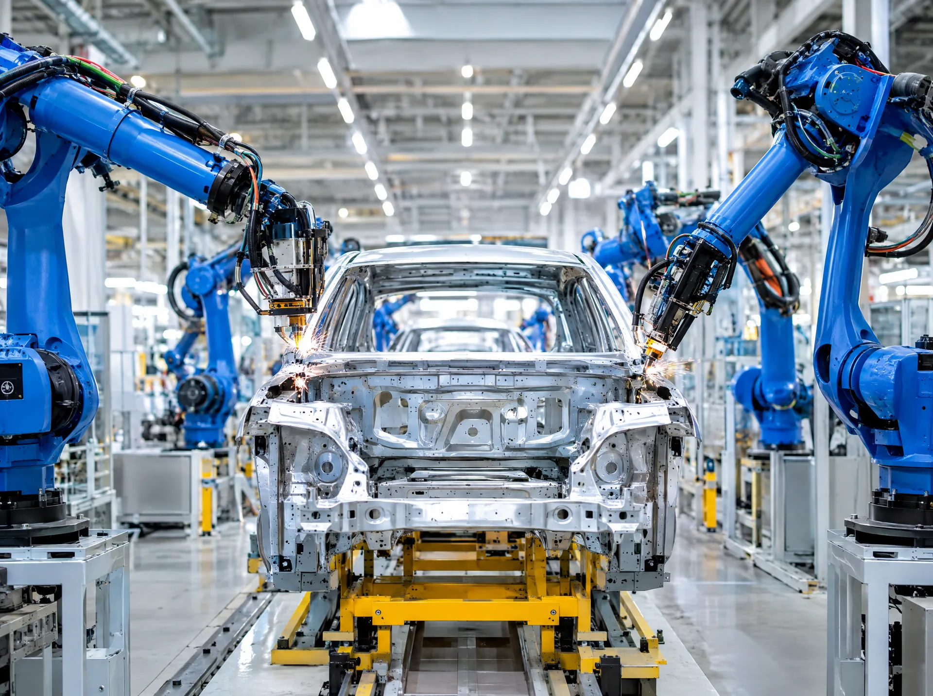 Robotic arms welding a car body on an assembly line