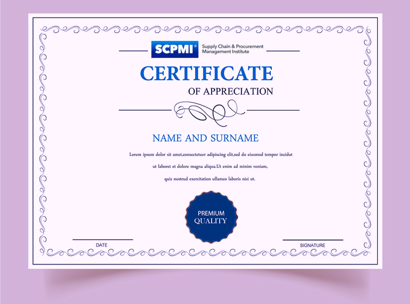 An SCPMI organisational recognition certificate